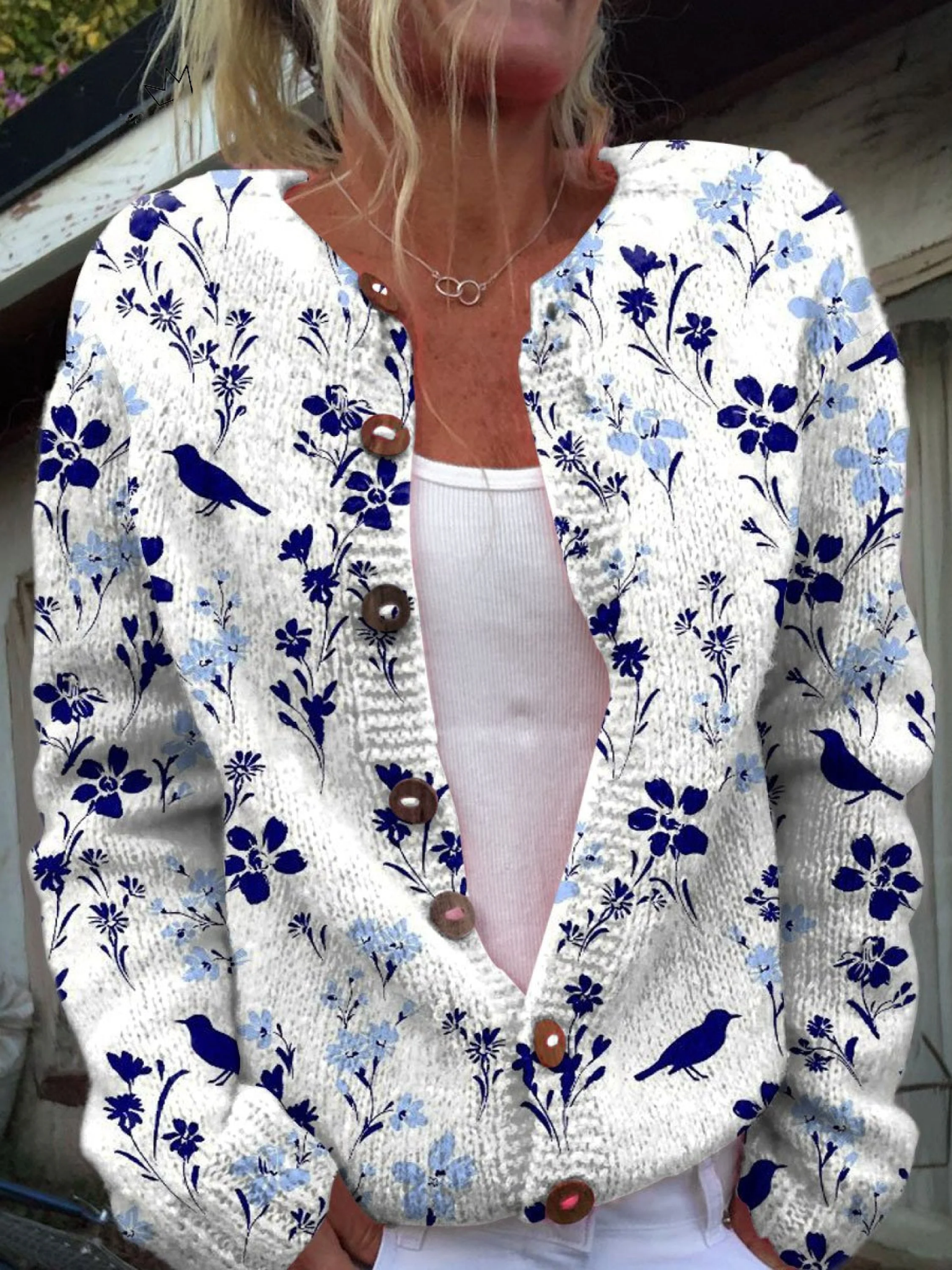 Cardigan Vintage con Motivo Floreale e Uccelli per Donna Aurora Roma