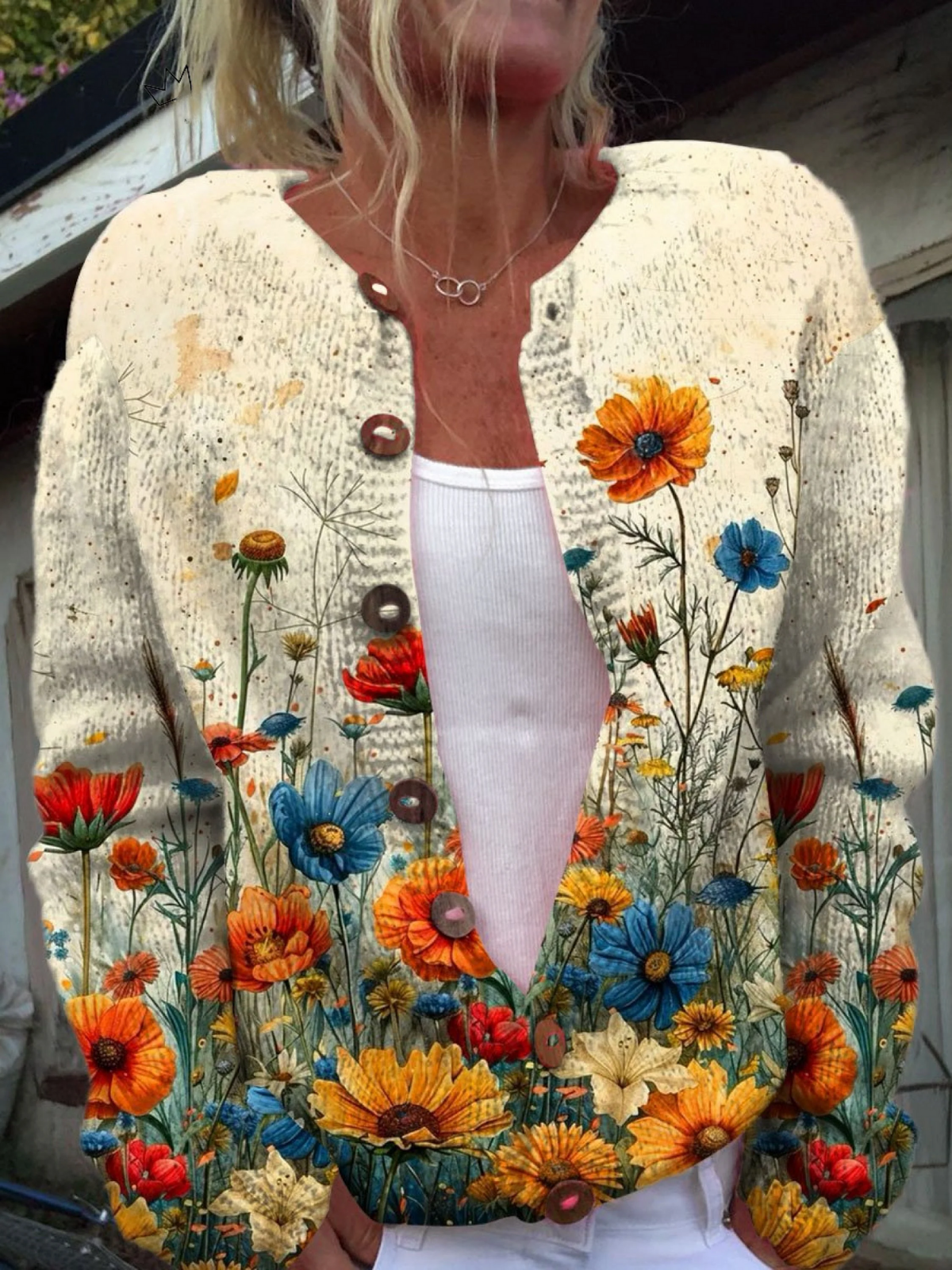 Cardigan Vintage con Motivo Floreale per Donna Aurora Roma