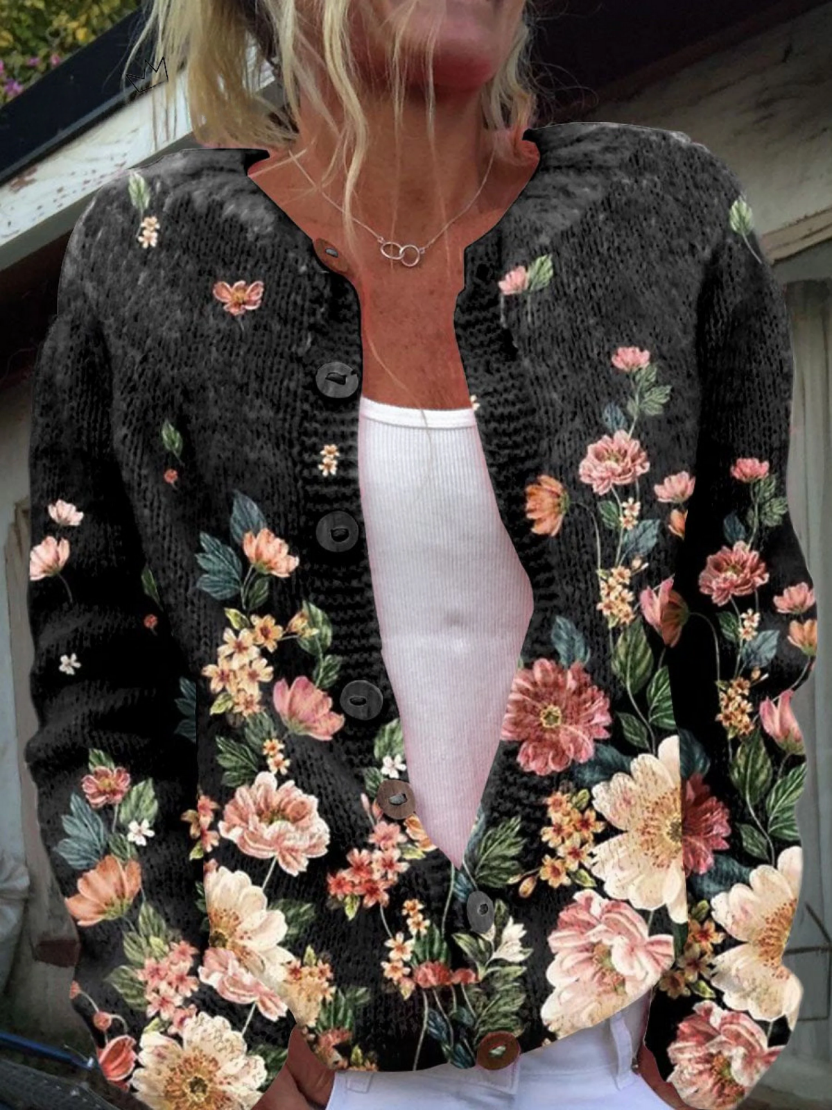Cardigan Vintage con Motivo Floreale per Donne Aurora Roma