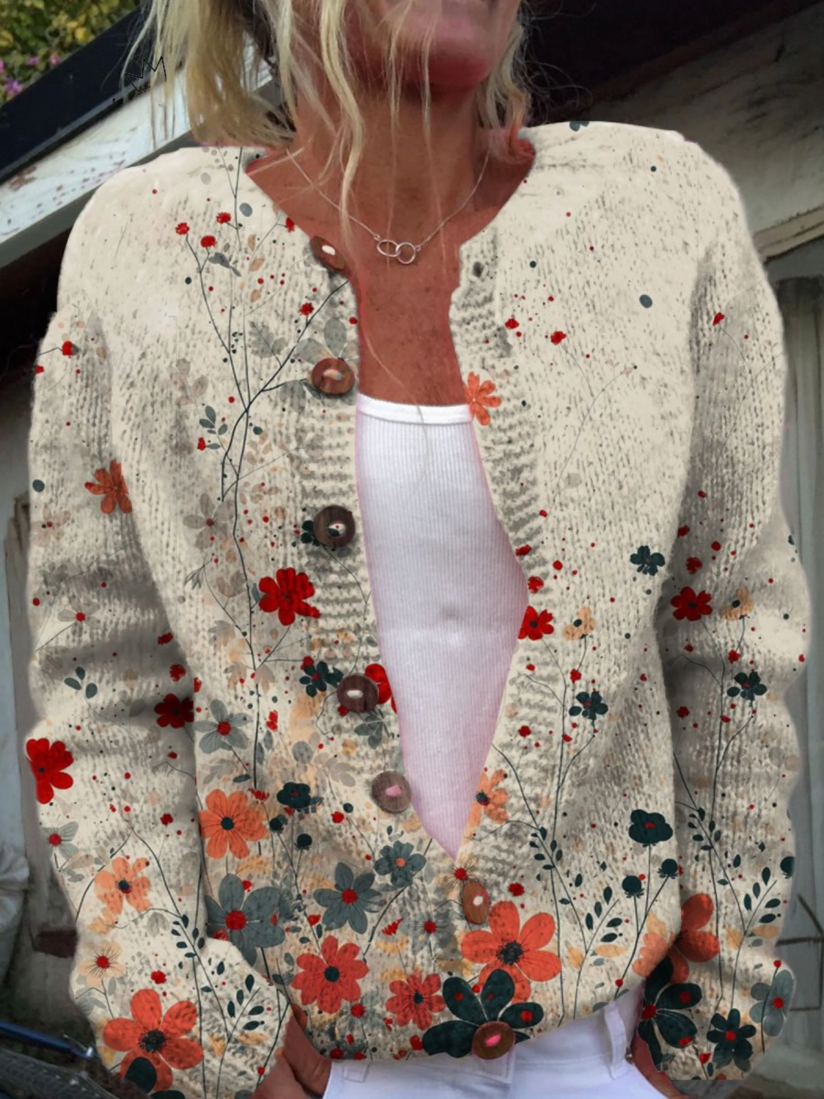 Cardigan Vintage con Motivo Floreale per Donne Aurora Roma