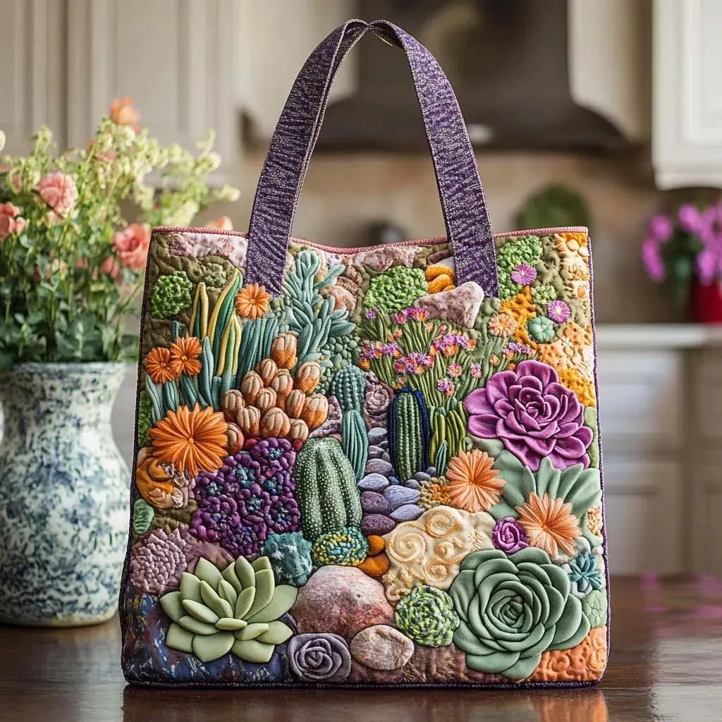 Borsa artigianale trapuntata con giardino di succulente