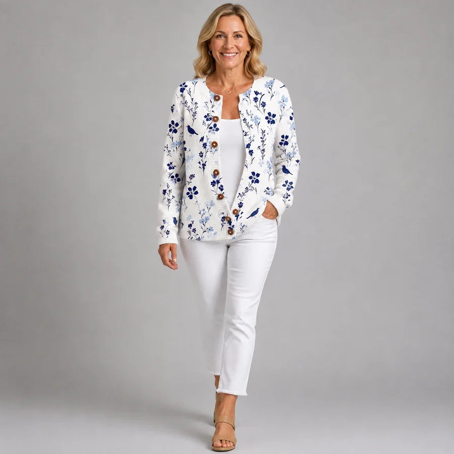 Cardigan Vintage con Motivo Floreale e Uccelli per Donna Aurora Roma