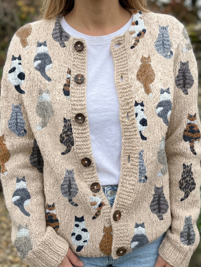Cardigan Confortevole con Stampa di Gatto per Donne Aurora Roma